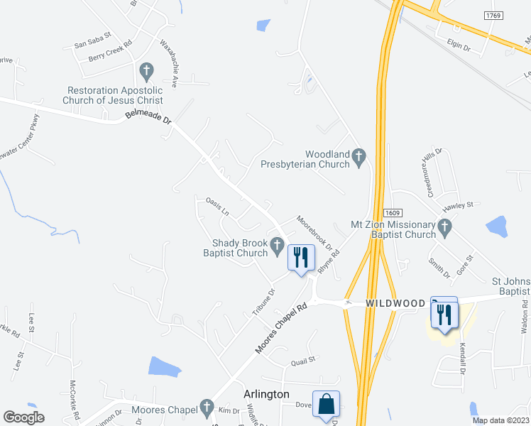 map of restaurants, bars, coffee shops, grocery stores, and more near 2809 Belmeade Drive in Charlotte