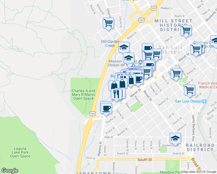 map of restaurants, bars, coffee shops, grocery stores, and more near 520 Dana Street in San Luis Obispo