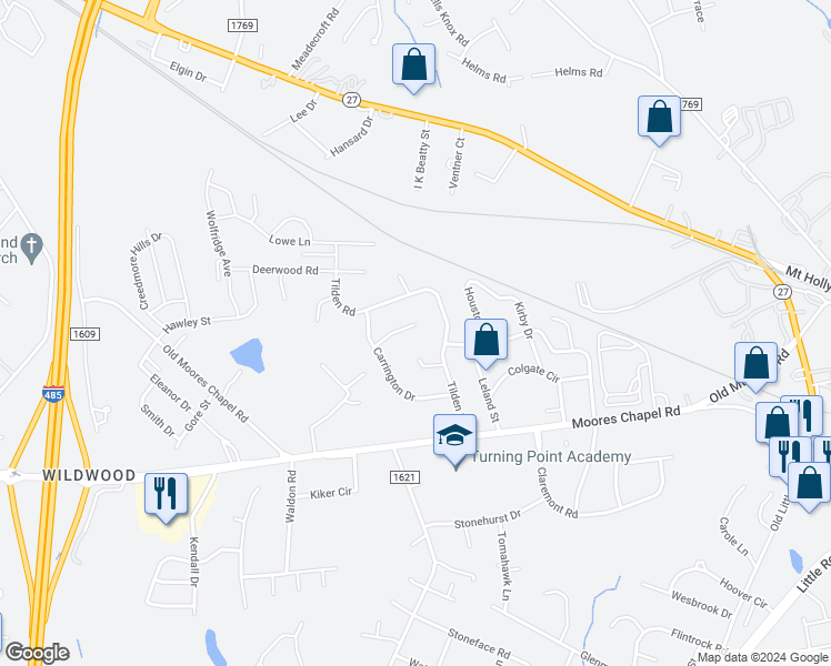 map of restaurants, bars, coffee shops, grocery stores, and more near 8707 Farmwood Court in Charlotte