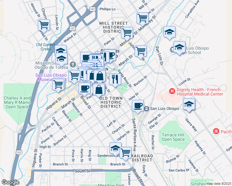map of restaurants, bars, coffee shops, grocery stores, and more near 1423 Osos Street in San Luis Obispo