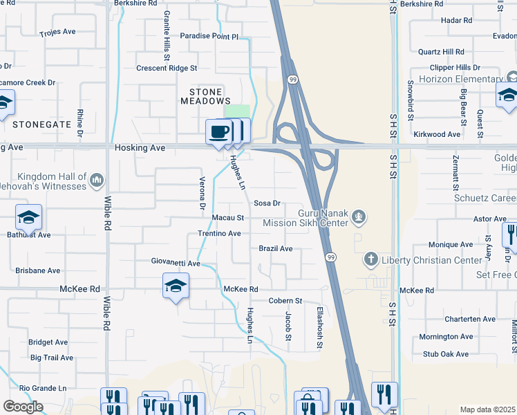 map of restaurants, bars, coffee shops, grocery stores, and more near 2421 Sosa Drive in Bakersfield
