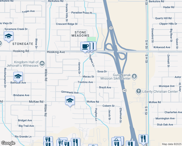 map of restaurants, bars, coffee shops, grocery stores, and more near 2515 Lacorte Place in Bakersfield