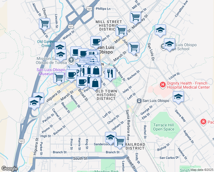 map of restaurants, bars, coffee shops, grocery stores, and more near 1335 Morro Street in San Luis Obispo