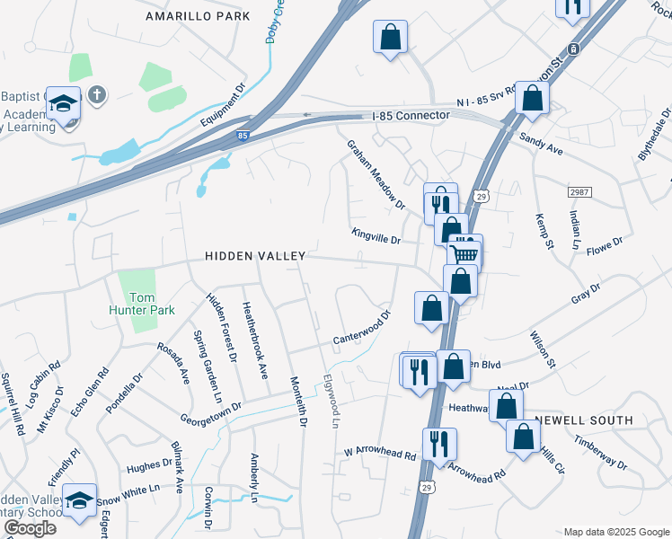 map of restaurants, bars, coffee shops, grocery stores, and more near 427 Tom Hunter Road in Charlotte