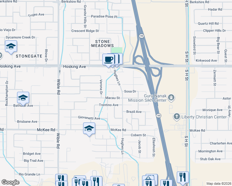 map of restaurants, bars, coffee shops, grocery stores, and more near 2515 Lacorte Place in Bakersfield