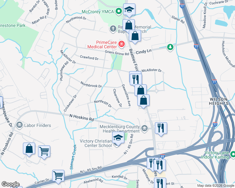 map of restaurants, bars, coffee shops, grocery stores, and more near 3215 Dawnshire Avenue in Charlotte