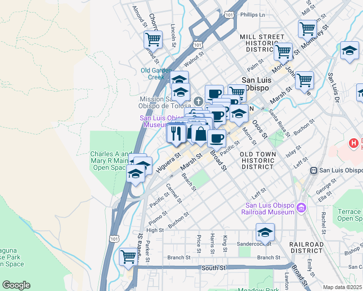 map of restaurants, bars, coffee shops, grocery stores, and more near 1051 Nipomo Street in San Luis Obispo
