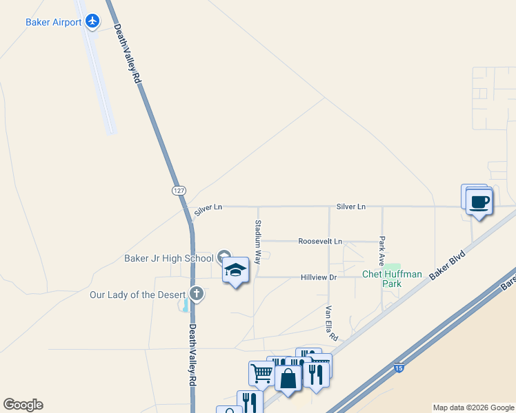 map of restaurants, bars, coffee shops, grocery stores, and more near 72519 Silver Lane in Baker