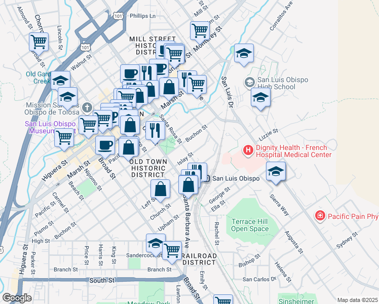map of restaurants, bars, coffee shops, grocery stores, and more near 1540 Santa Rosa Street in San Luis Obispo