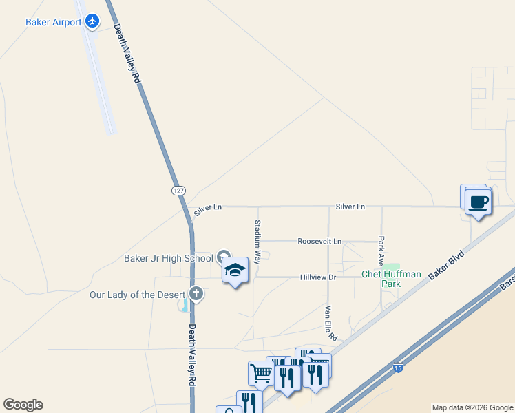 map of restaurants, bars, coffee shops, grocery stores, and more near 72519 Silver Lane in Baker