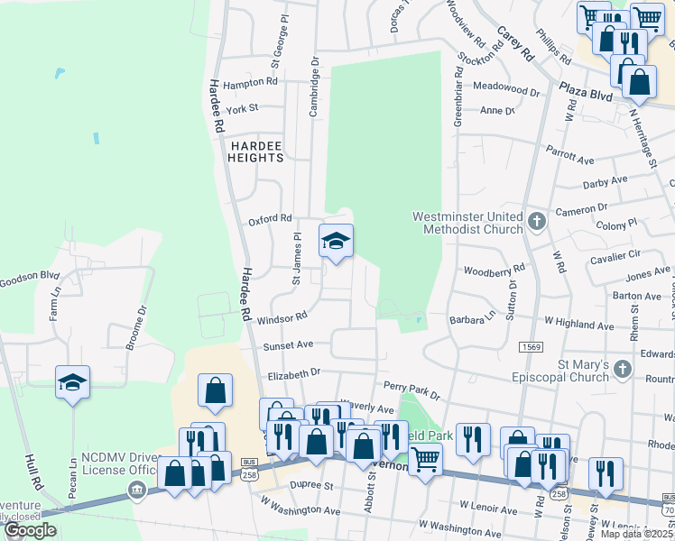 map of restaurants, bars, coffee shops, grocery stores, and more near 1701 Old Well Road in Kinston