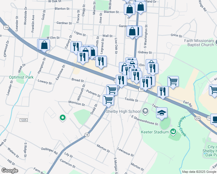 map of restaurants, bars, coffee shops, grocery stores, and more near 108 Broad Street in Shelby