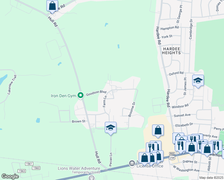 map of restaurants, bars, coffee shops, grocery stores, and more near Plant Drive in Kinston