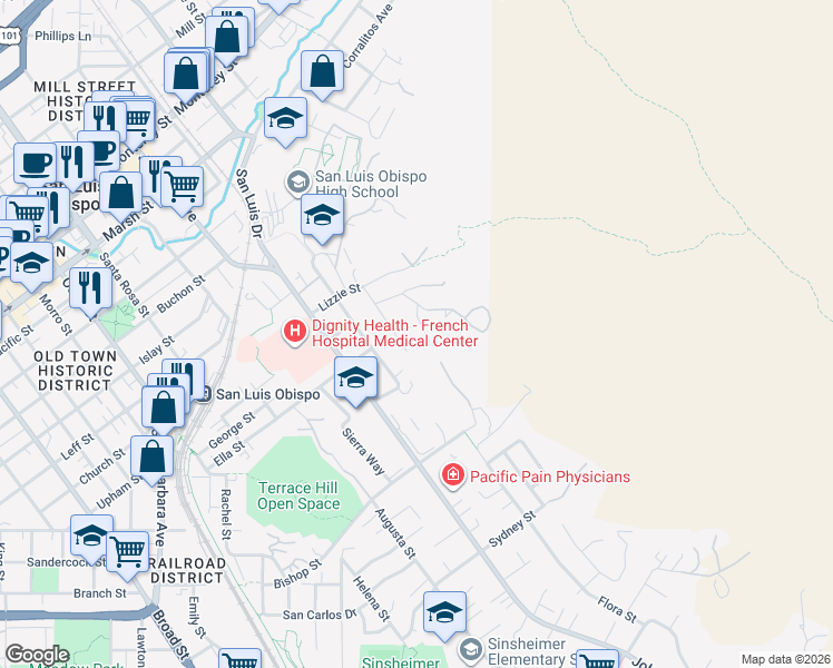 map of restaurants, bars, coffee shops, grocery stores, and more near 2045 Skylark Lane in San Luis Obispo