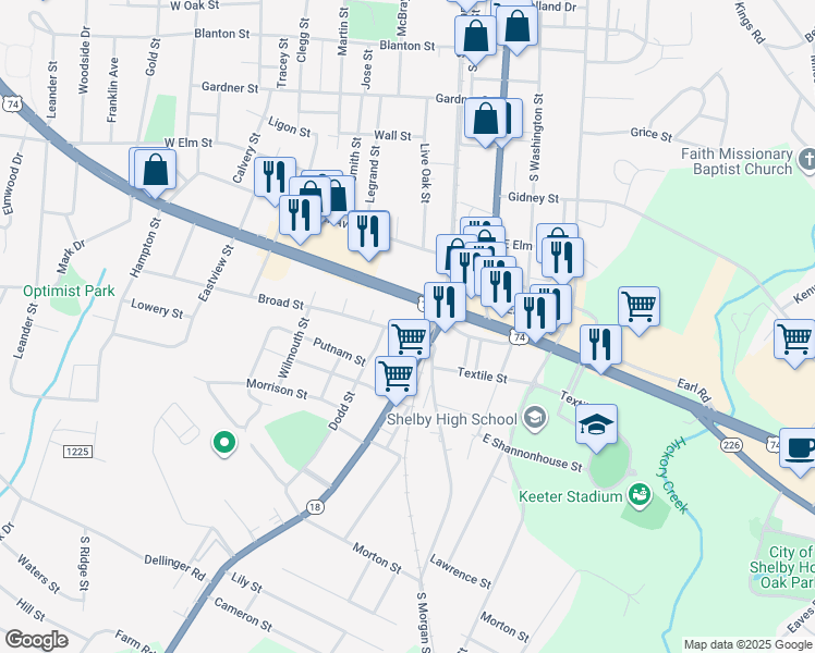 map of restaurants, bars, coffee shops, grocery stores, and more near 108 Broad Street in Shelby