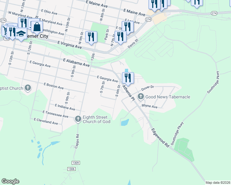 map of restaurants, bars, coffee shops, grocery stores, and more near 502 South 6th Street in Bessemer City