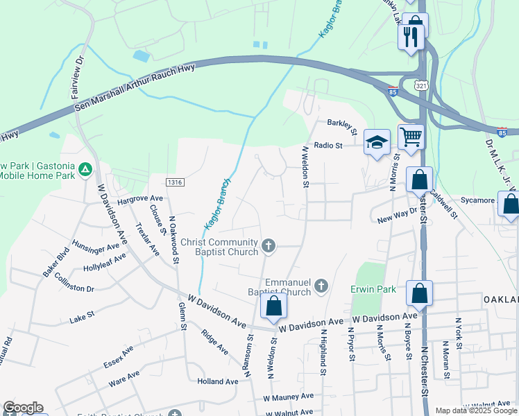 map of restaurants, bars, coffee shops, grocery stores, and more near 1250 North Ransom Street in Gastonia
