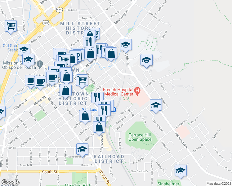 map of restaurants, bars, coffee shops, grocery stores, and more near 1178 Leff Street in San Luis Obispo