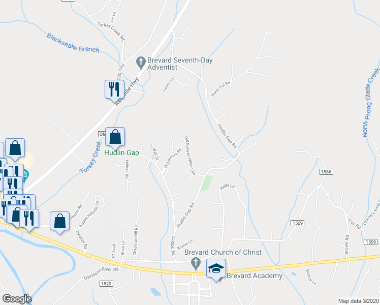 map of restaurants, bars, coffee shops, grocery stores, and more near 118 Old Bunyan Wilson Road in Pisgah Forest