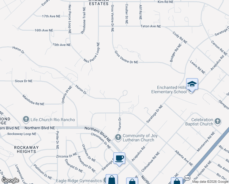 map of restaurants, bars, coffee shops, grocery stores, and more near 4725 Huron Drive in Rio Rancho