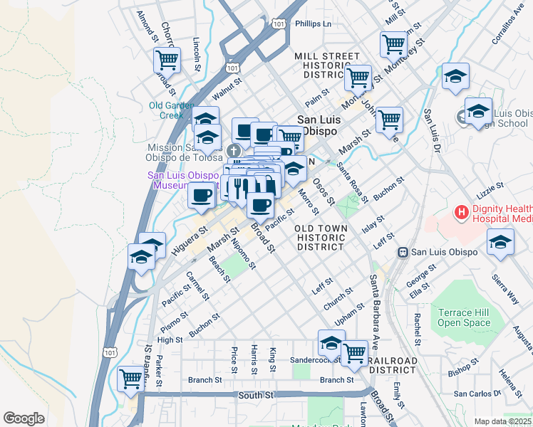 map of restaurants, bars, coffee shops, grocery stores, and more near 751 Marsh Street in San Luis Obispo