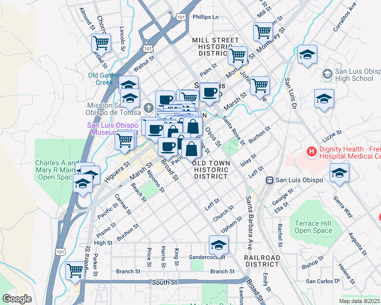 map of restaurants, bars, coffee shops, grocery stores, and more near 829 Pacific Street in San Luis Obispo