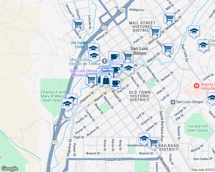 map of restaurants, bars, coffee shops, grocery stores, and more near 674 Higuera Street in San Luis Obispo