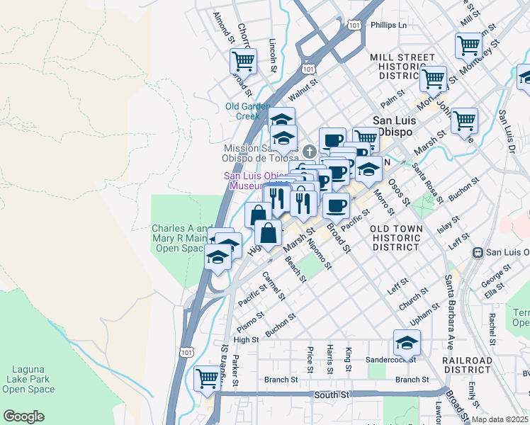 map of restaurants, bars, coffee shops, grocery stores, and more near 547 Dana Street in San Luis Obispo