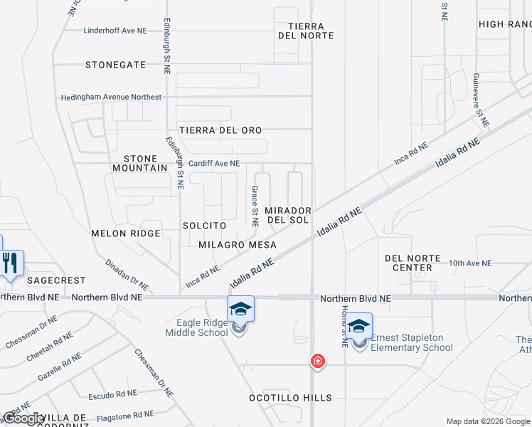 map of restaurants, bars, coffee shops, grocery stores, and more near 1158 Grace Street Northeast in Rio Rancho