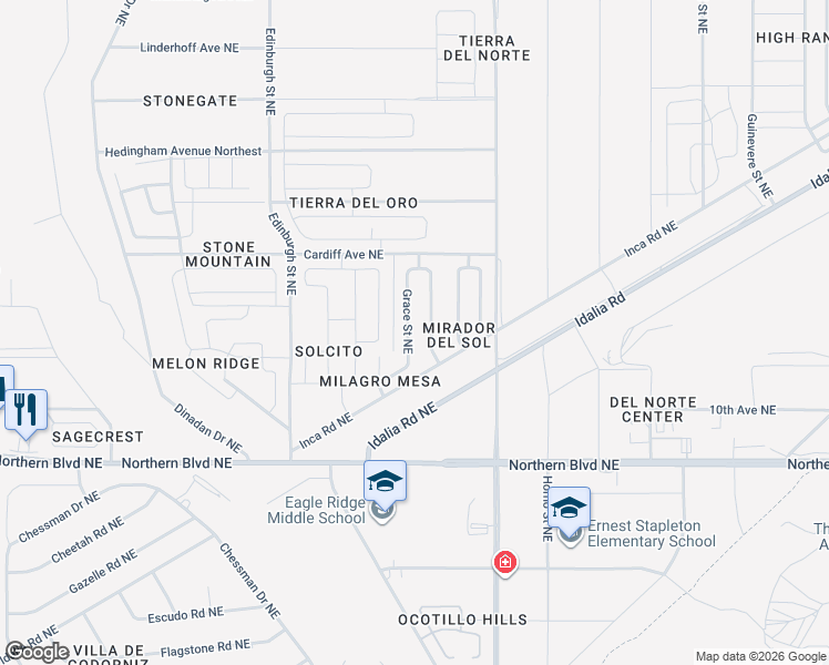 map of restaurants, bars, coffee shops, grocery stores, and more near 1158 Grace Street Northeast in Rio Rancho