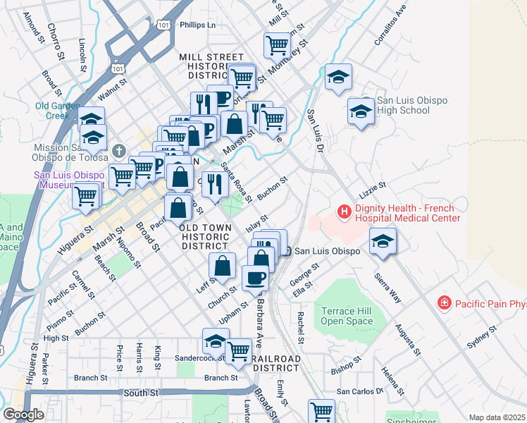 map of restaurants, bars, coffee shops, grocery stores, and more near 1536 Santa Rosa Street in San Luis Obispo
