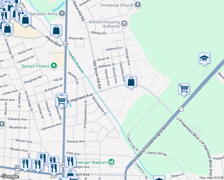 map of restaurants, bars, coffee shops, grocery stores, and more near 501 East Highland Avenue in Kinston
