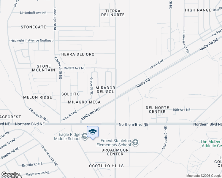 map of restaurants, bars, coffee shops, grocery stores, and more near 1303 Mirador Loop North East in Rio Rancho