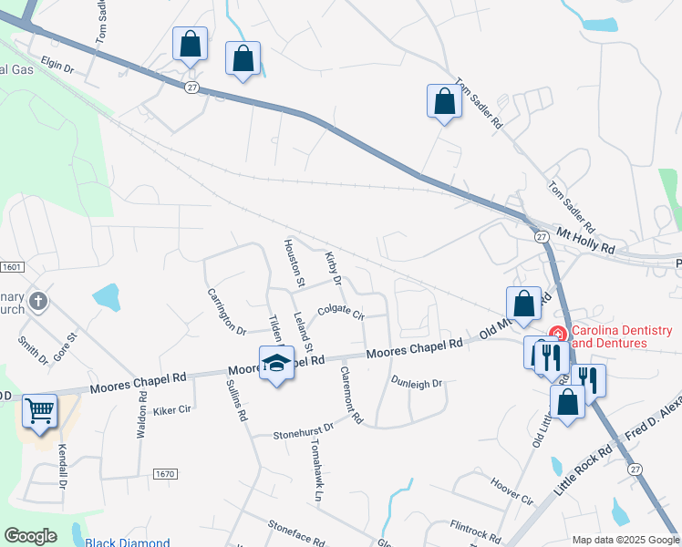 map of restaurants, bars, coffee shops, grocery stores, and more near 353 Kirby Drive in Charlotte