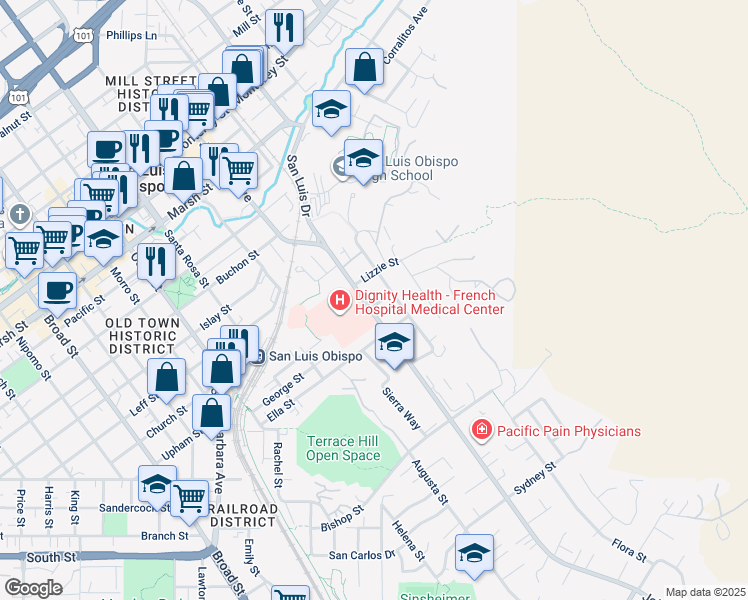 map of restaurants, bars, coffee shops, grocery stores, and more near 1850 Johnson Avenue in San Luis Obispo