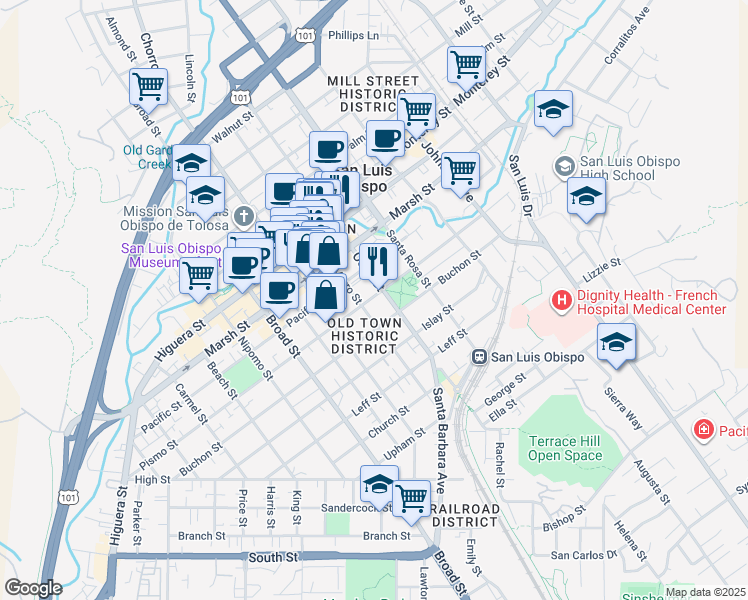 map of restaurants, bars, coffee shops, grocery stores, and more near 1423 Osos Street in San Luis Obispo