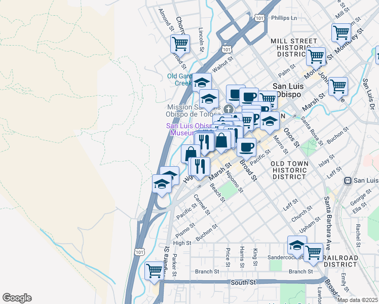 map of restaurants, bars, coffee shops, grocery stores, and more near 547 Dana Street in San Luis Obispo