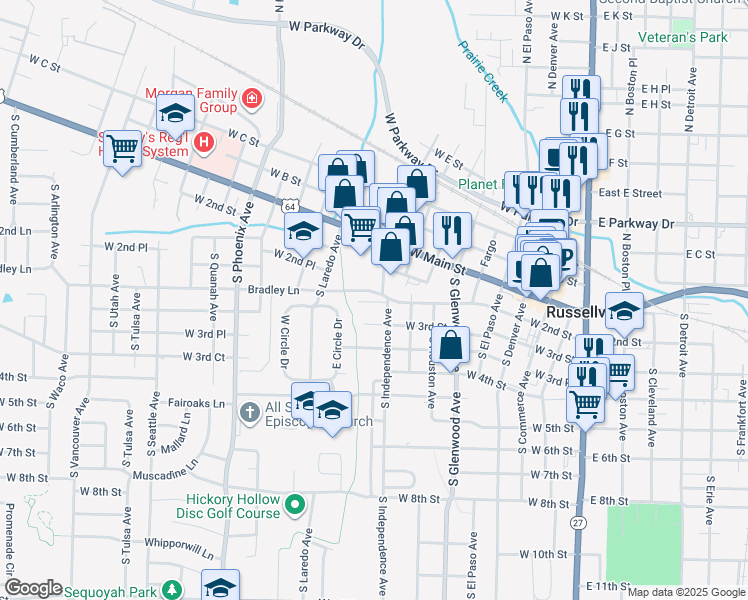 map of restaurants, bars, coffee shops, grocery stores, and more near in Russellville