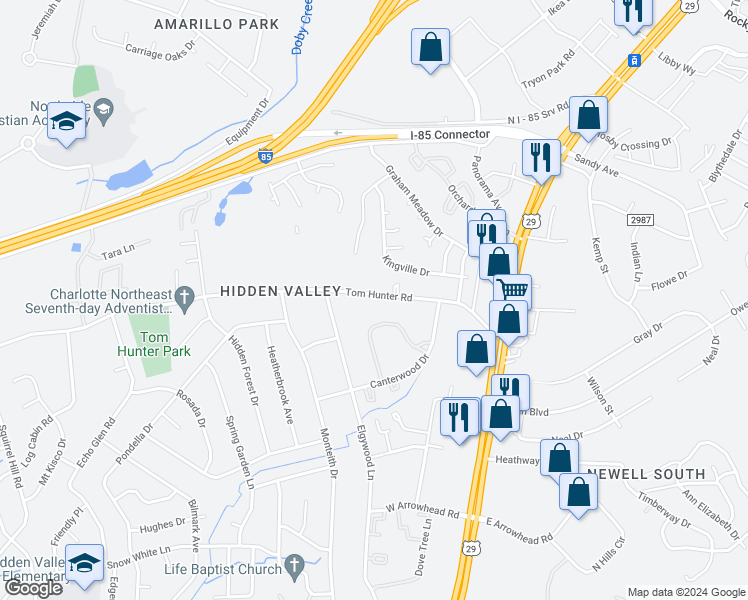 map of restaurants, bars, coffee shops, grocery stores, and more near 427 Tom Hunter Road in Charlotte