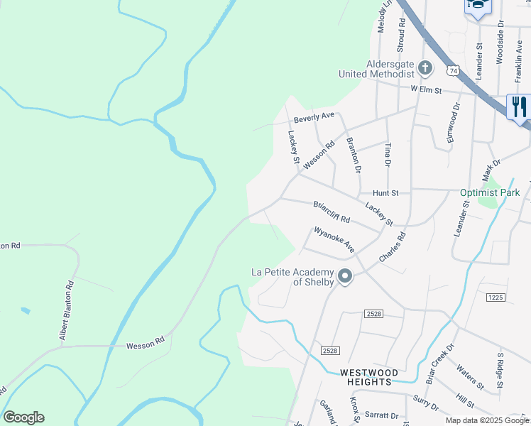 map of restaurants, bars, coffee shops, grocery stores, and more near 1615 Wesson Road in Shelby
