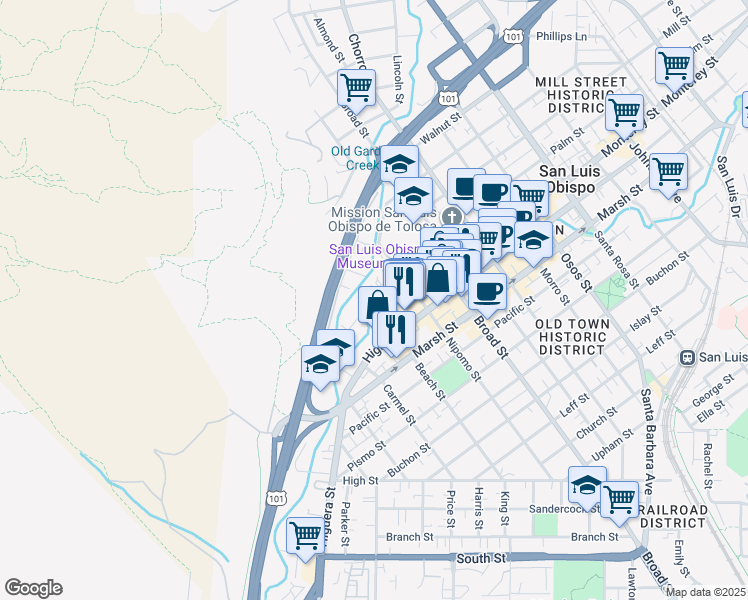 map of restaurants, bars, coffee shops, grocery stores, and more near 547 Dana Street in San Luis Obispo