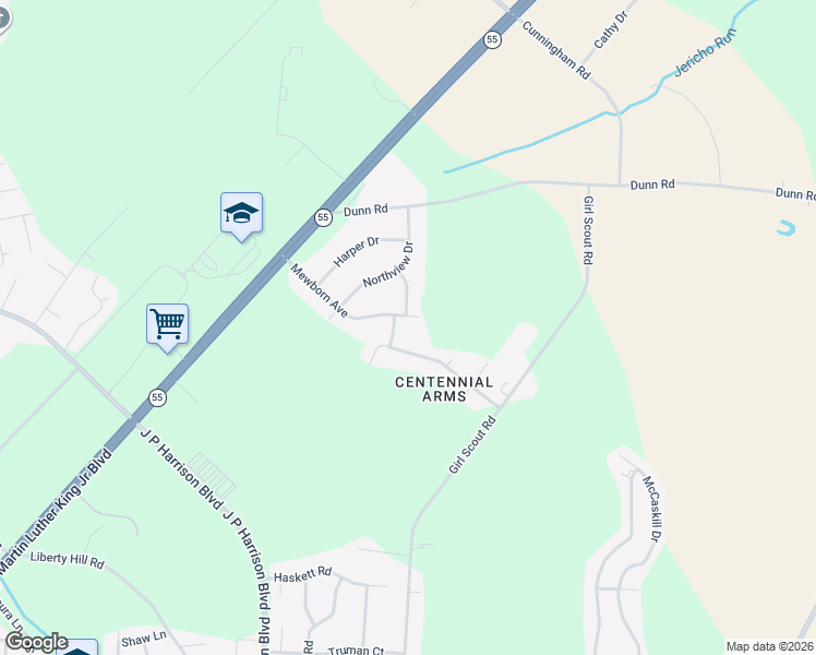 map of restaurants, bars, coffee shops, grocery stores, and more near Neusok Street in Kinston