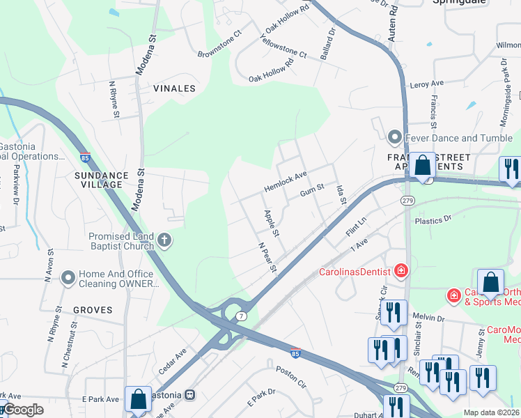 map of restaurants, bars, coffee shops, grocery stores, and more near 510 Apple Street in Gastonia