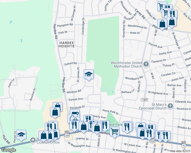 map of restaurants, bars, coffee shops, grocery stores, and more near 1309-1399 Ridge Road in Kinston