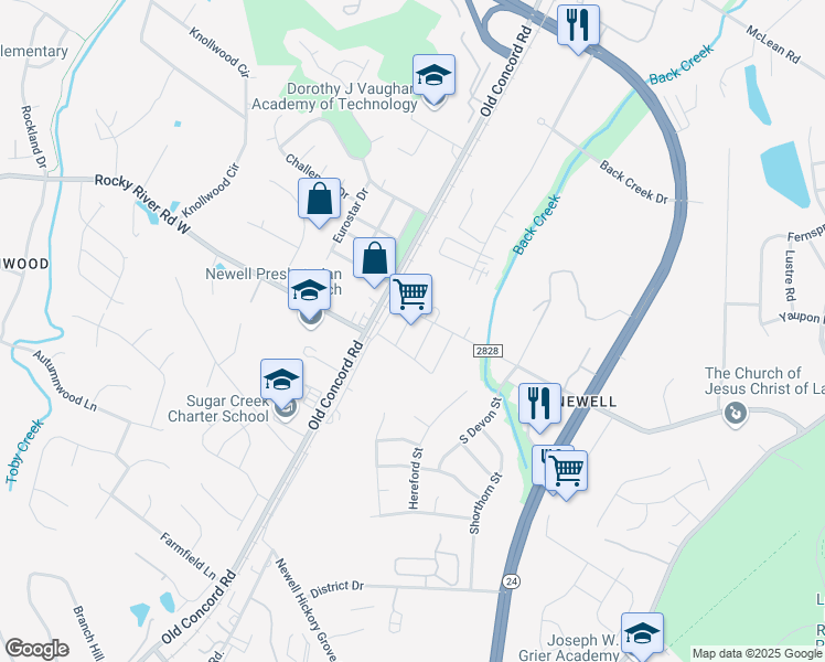 map of restaurants, bars, coffee shops, grocery stores, and more near 1704 Rocky River Road in Charlotte