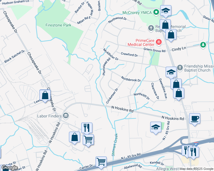 map of restaurants, bars, coffee shops, grocery stores, and more near 1720 Vantage Place in Charlotte