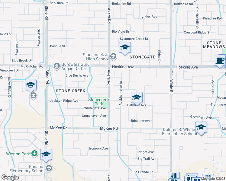 map of restaurants, bars, coffee shops, grocery stores, and more near 4006 Argyle Court in Bakersfield