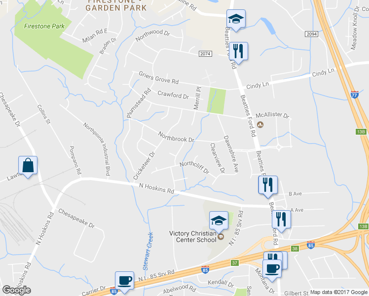 map of restaurants, bars, coffee shops, grocery stores, and more near 3224 Banbury Drive in Charlotte