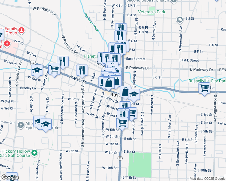 map of restaurants, bars, coffee shops, grocery stores, and more near 218 West Main Street in Russellville