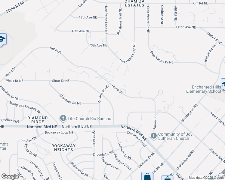 map of restaurants, bars, coffee shops, grocery stores, and more near 4704 Huron Drive Northeast in Rio Rancho